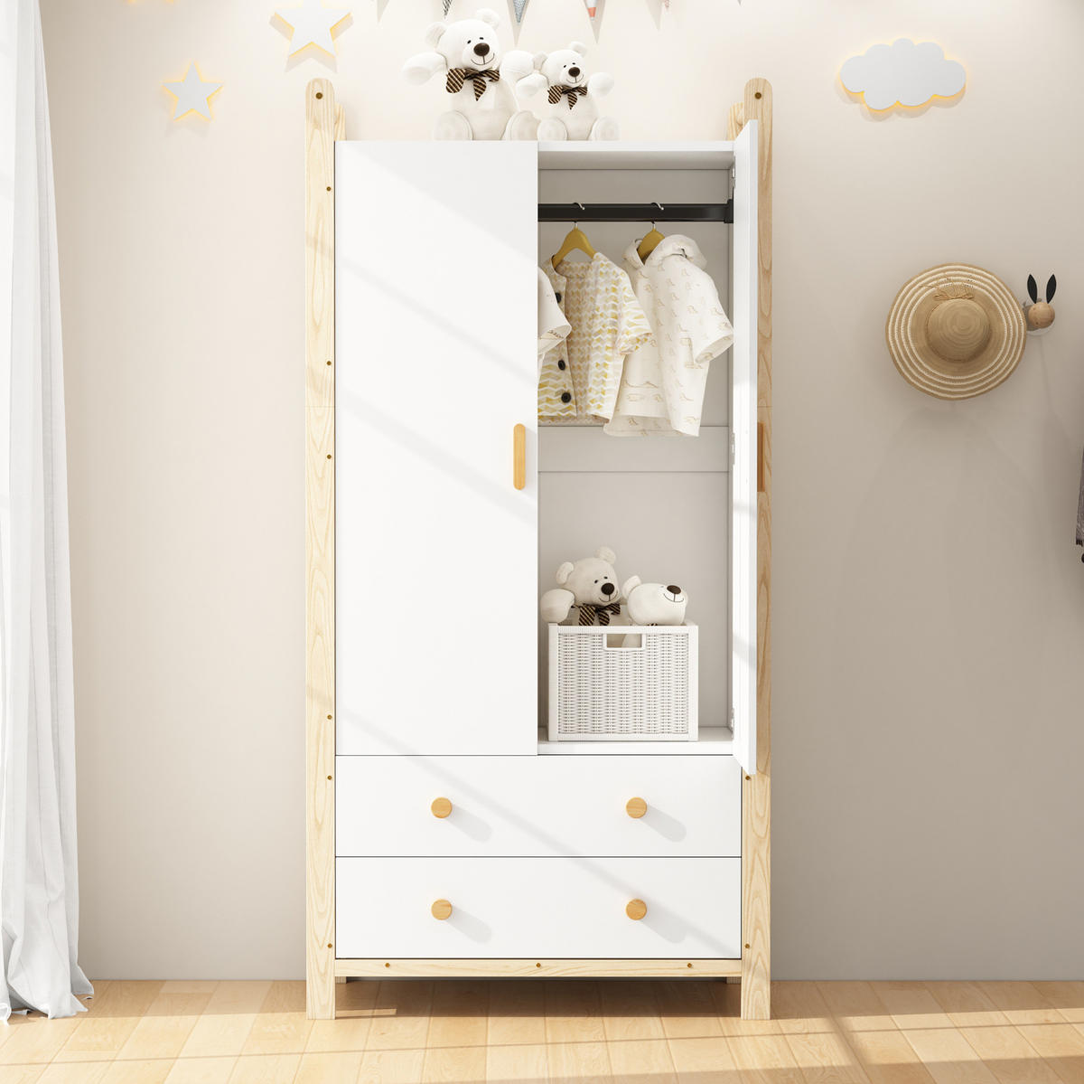 KLEIDERSCHRANK 2-türig 89,6/44/180,5 cm mit 2 Schubladen in Weiß/Kiefer - Weiß, Holzwerkstoff (89.6/180.5/44cm) - BEAOK