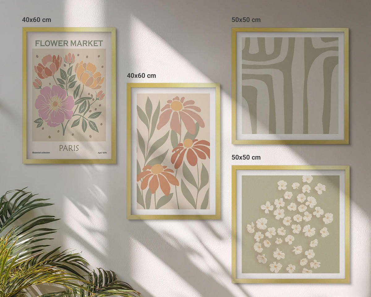 BILDER SET 4er Set - 50x50 cm & 40x60 cm Goldrahmen - Botanische Motive, Pariser Minimalismus - Goldfarben, Kunststoff (50/50cm) - TULUP