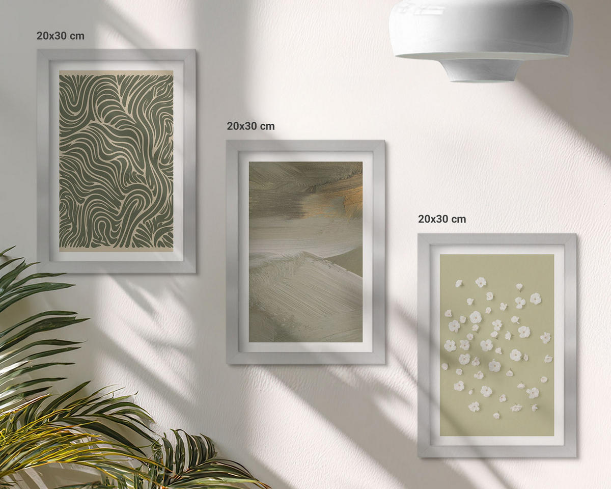 WANDBILDER 3er Set - 20x30 cm Silberner Rahmen - Abstrakte florale Wellenmuster - Silberfarben, Kunststoff (20/30cm) - ArtPrintCave