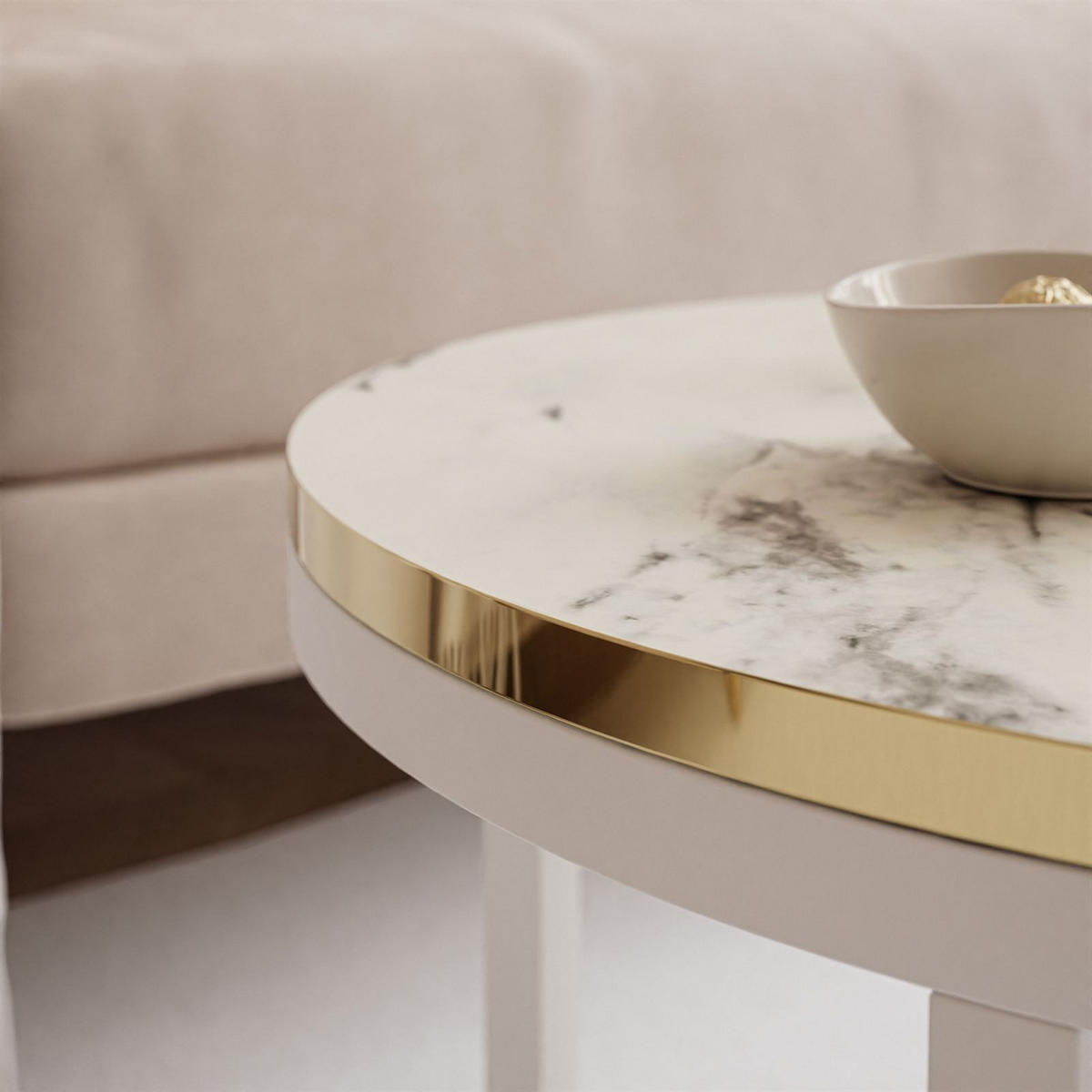 COUCHTISCH Set SOLEIL 2in1, rund, Weiß Marmor-Optik und Weiß Gestell - Weiß, Holzwerkstoff (70/70/48cm) - Lookway