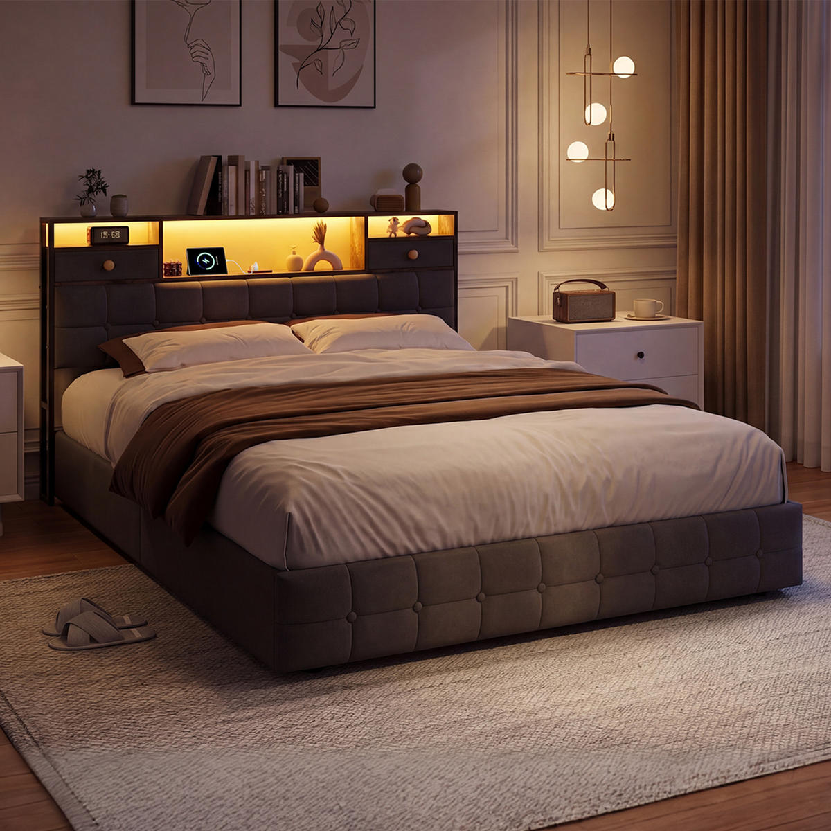 POLSTERBETT 140x200 cm Grau, Doppelbett Jugendbett mit Bettkasten, LED und Ports-USB - Grau, Holz/Metall (140/200cm) - PARAFTA HOME