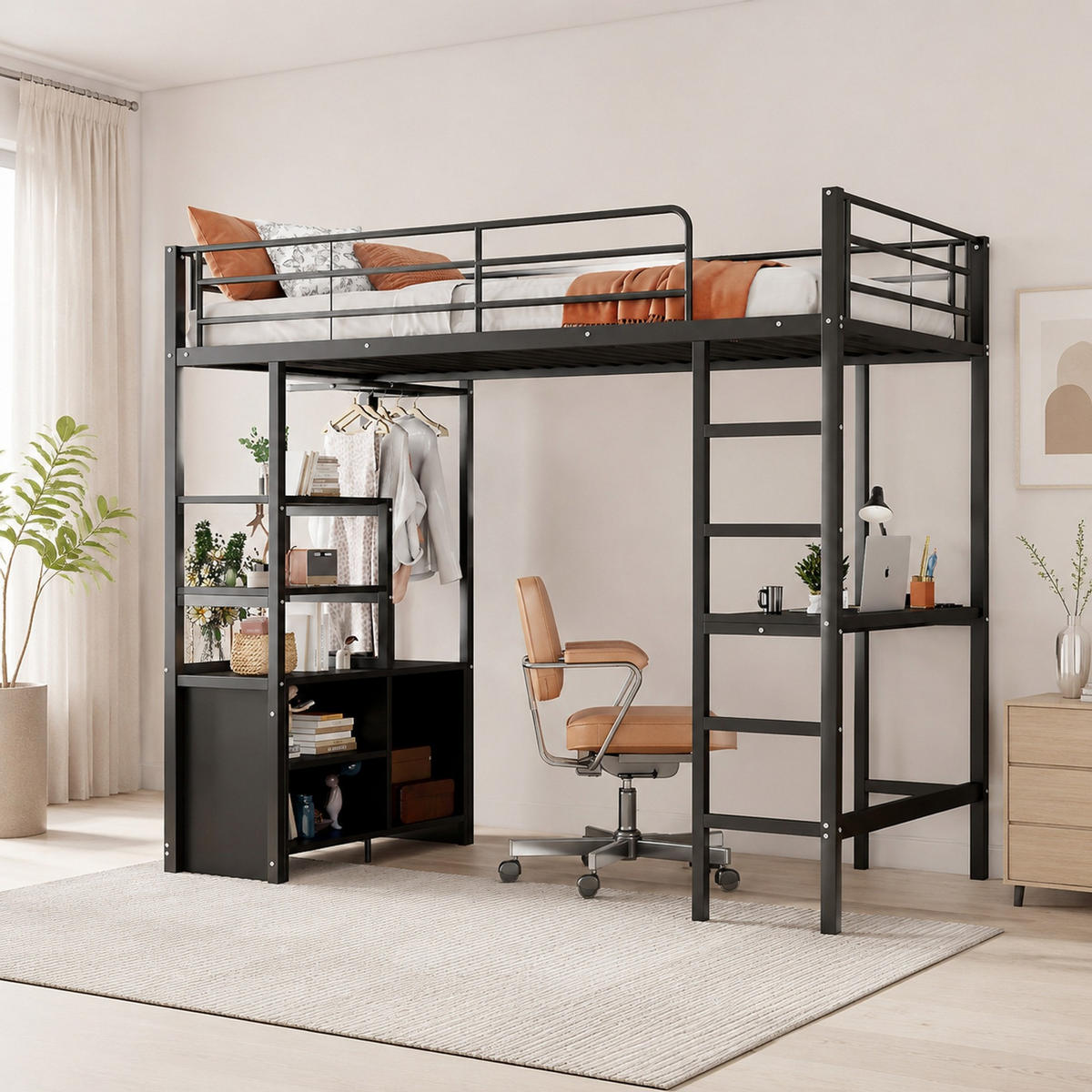 HOCHBETT 90/200 mit Schreibtisch, USB-Anschluss und Regalen in Schwarz - Schwarz, Holzwerkstoff/Metall (90/200cm) - EVRYAE