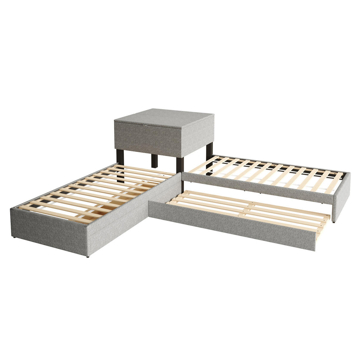 POLSTERBETT mit Ausziehbet in Grau Leinen (ohne Matratze) - Grau, Holz/Textil (90/200cm) - KOMHTOM