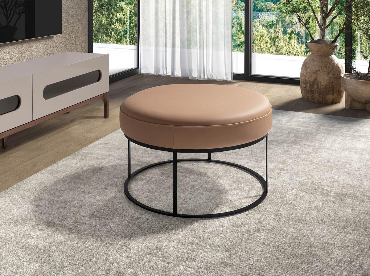 HOCKERBANK Braune Lederbank Ø77/46cm - Taupe/Schwarz, Leder/Fell (77/46/77cm) - ANGEL CERDA