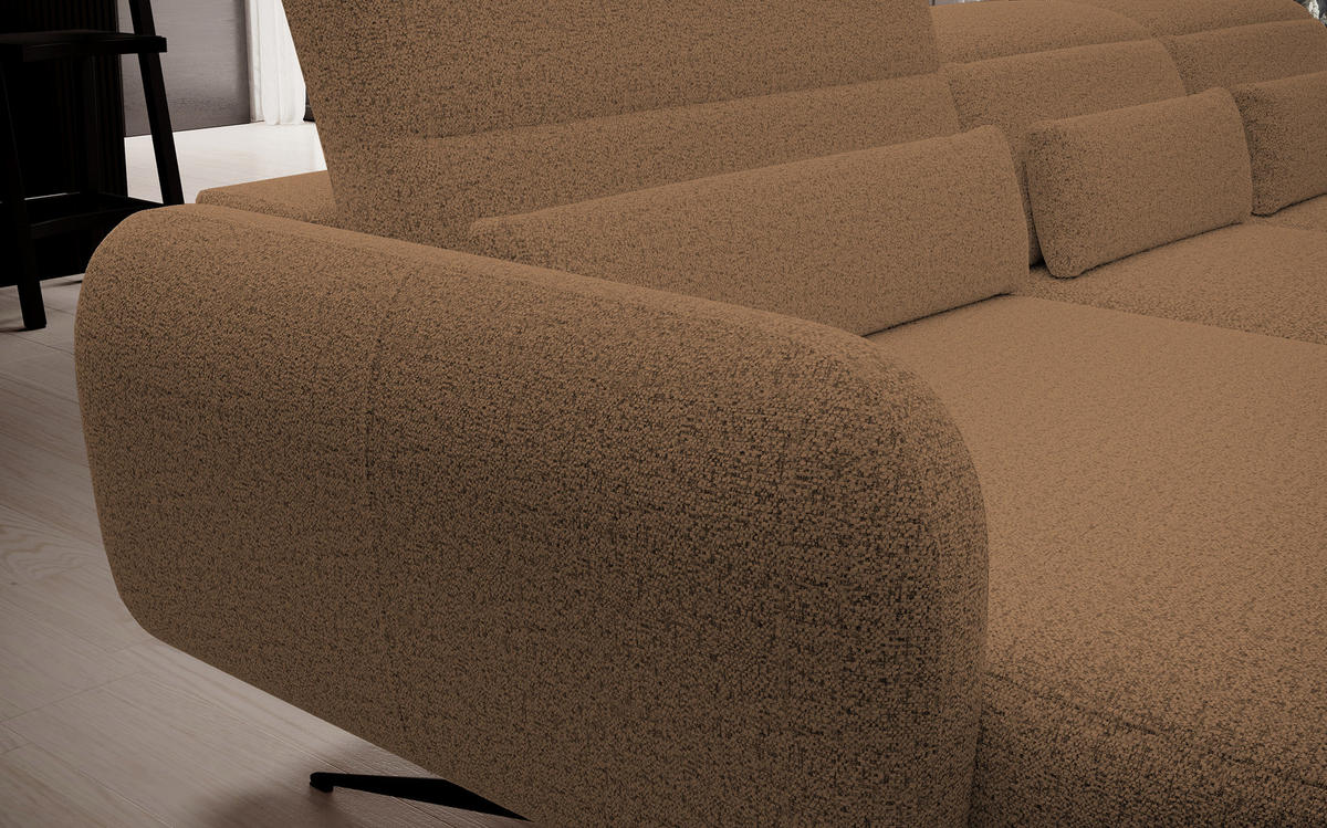 ECKSOFA Barillo – Verstellbare Rückenlehne, Stahlfüße, Elegante Armlehnen, Drei Rückenkissen, Freistehend, 261x170x97 cm – Rechte, Karamell - Creme, Holz/Textil (261/170cm) - DomoHome