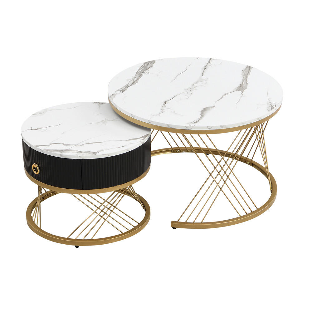 COUCHTISCH SET 2-TEILIG Marmoroptik Golddekor mit Schubladen Weiß - Weiß, Holz (78/76.5/28cm) - FLIEKS