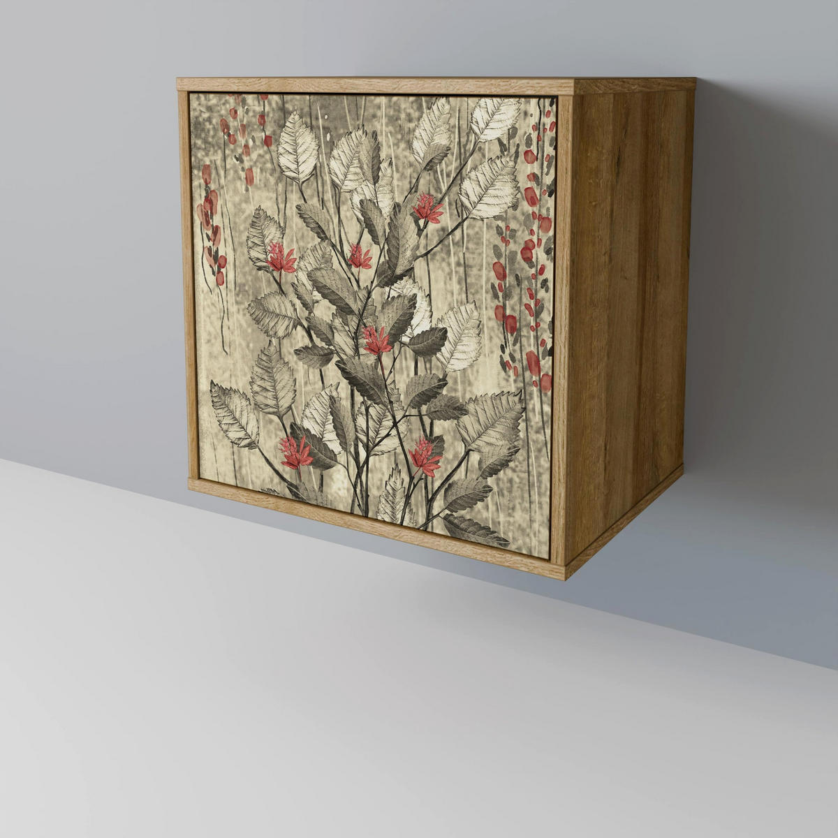 SIDEBOARD HERBAL GRACE, Eichefarben, 57,5x42x70,5 cm, Schwarze Metall-Sternfüße - Eichefarben/Multicolor, Holzwerkstoff/Metall (57.5/70.5/42cm) - SpaceRebels