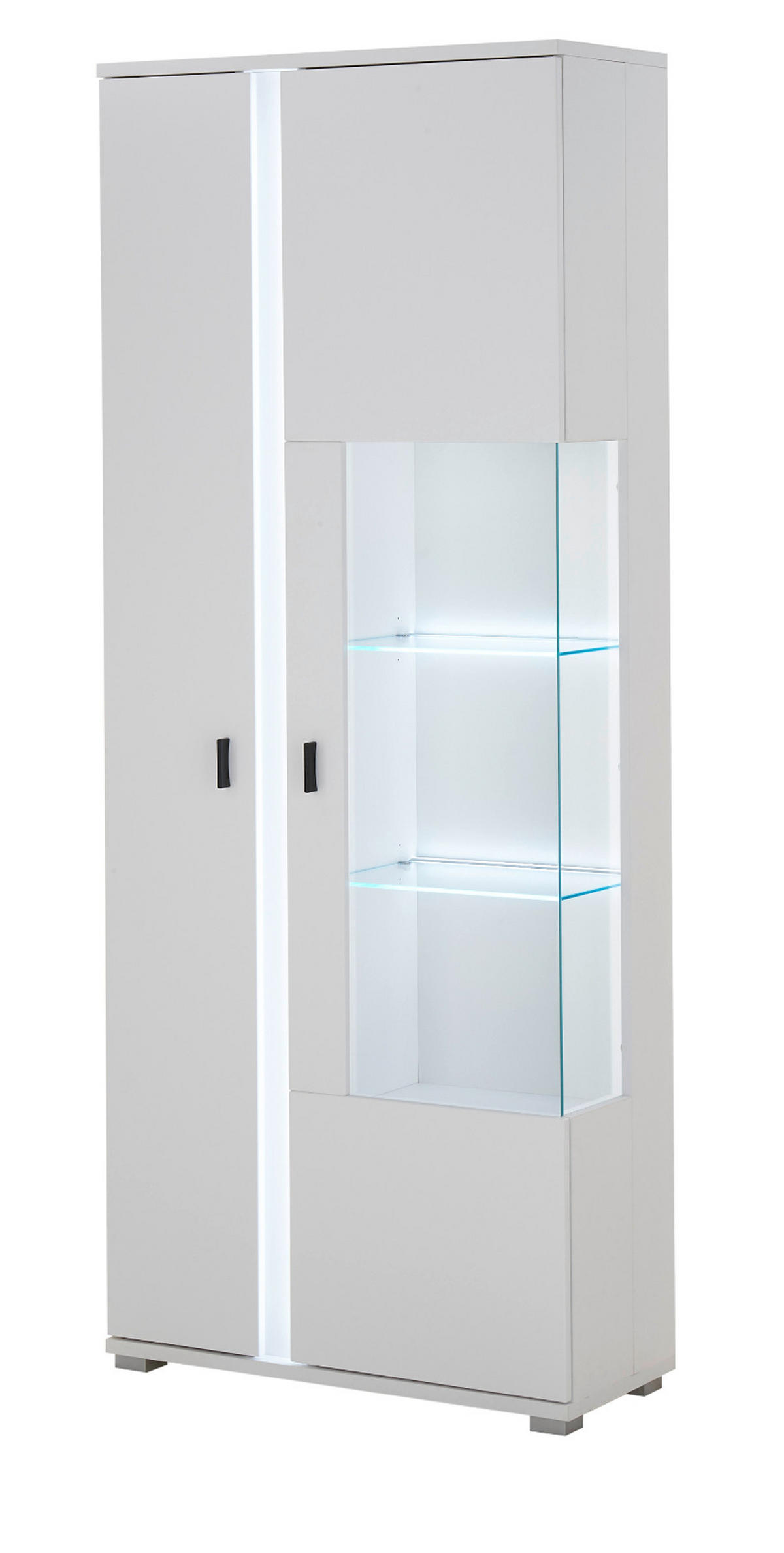 VITRINE weiß matt, Vitrinenschrank inklusive Frontbeleuchtung 80 x 200 cm - Silberfarben/Schwarz, Glas/Holzwerkstoff (80/200/35cm) - Furn.Design