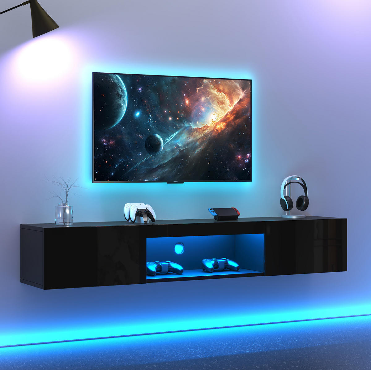 TV-ELEMENT wandhängend 160 cm Hochglanz Schwarz mit LED - Schwarz, Holzwerkstoff (31/22/160cm) - Beauniv