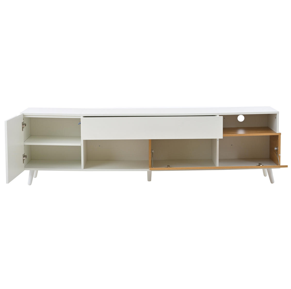 FERNSEHSCHRANK aus Spanplatte 180x38x50 cm Weiß/Naturfarben mit Hochglanzfront, 1 Schublade und 7 Fächern - Hellbraun, Holzwerkstoff (180/50/38cm) - Modfu