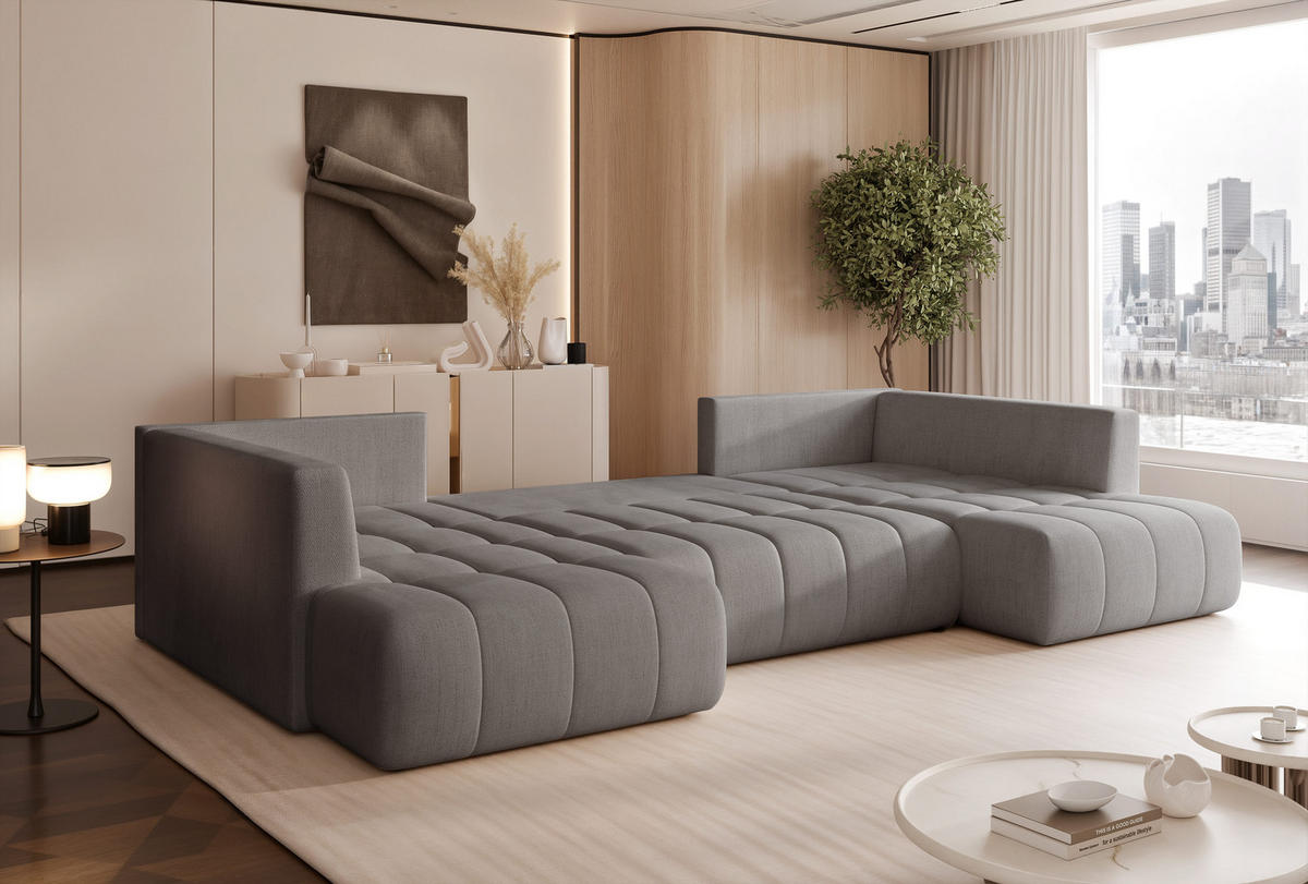 WOHNLANDSCHAFT STONE mit Schlaffunktion und Bettkasten, Stoff Grau - Dunkelgrau, Kunststoff/Textil (350/91/190cm) - Idohome
