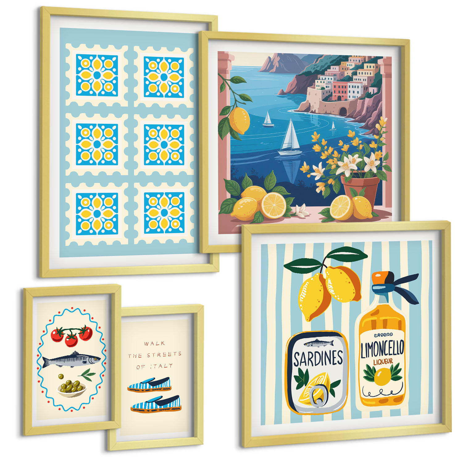 BILDER SET 5er Set - 50x50 cm & 20x30 cm & 40x60 cm Goldrahmen - Illustrationen der mediterranen Küche - Goldfarben, Kunststoff (40/60cm) - TULUP