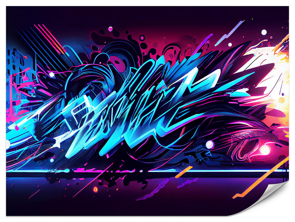 FOTOTAPETE für Jugendzimmer Neon Graffiti Schriften 400x280 - Blau/Gelb, Papier (400/280cm) - Muralo