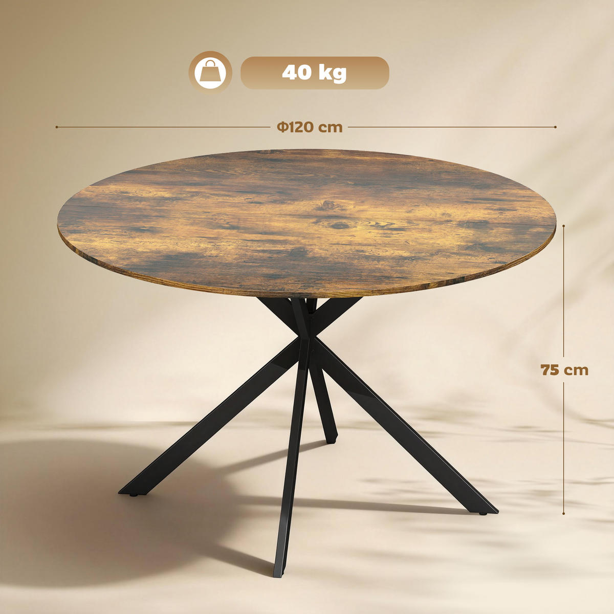 ESSTISCH rund Braun 120/120/75 cm - Braun, Metall (120/120/75cm) - HOMCOM