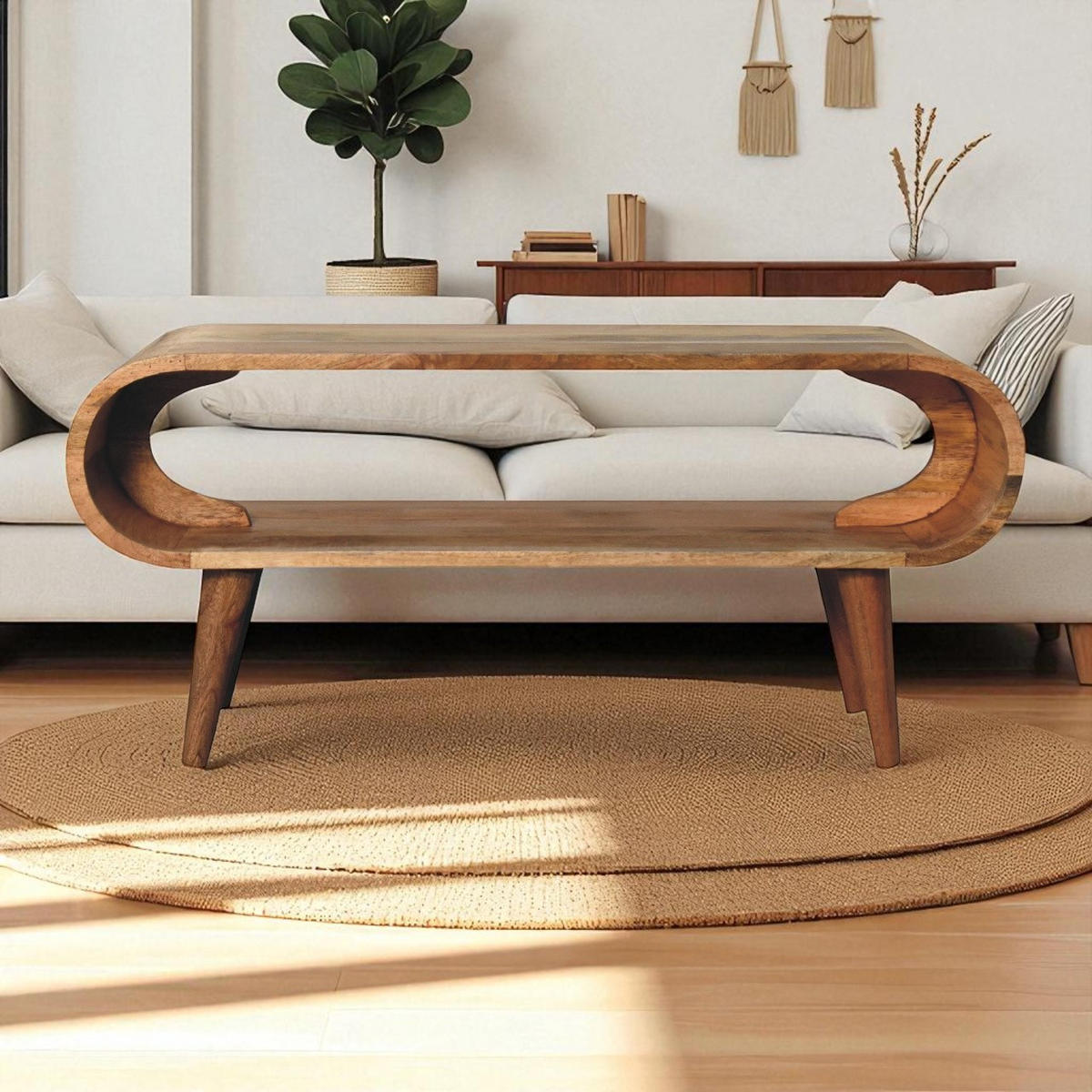 COUCHTISCH aus Massivholz im Eichenholz-Finish, Offener Stauraum, Nordische Beine - Eichefarben/Messingfarben, Holz/Metall (35/90/40cm) - Artisan Furniture