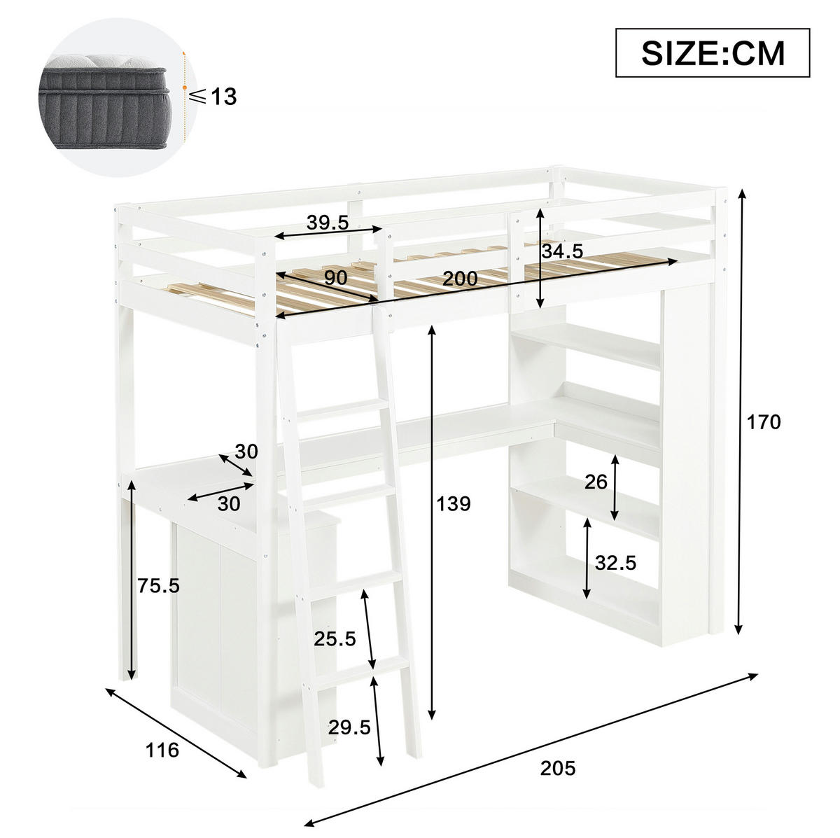 HOCHBETT 90/200 cm aus Kiefer und Holzwerkstoff mit Ablageregal Weiß - Weiß, Holz (90/200cm) - Modenvie