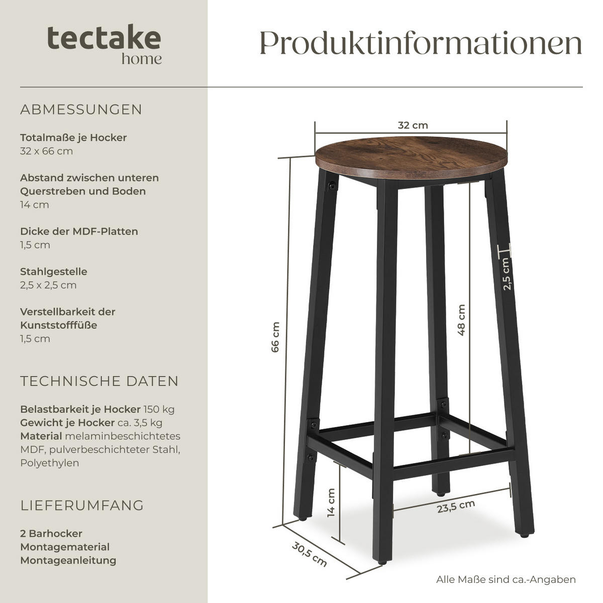 BARHOCKER 2er Set Corby,Sitzhöhe 66 cm,Industrial Holz dunkel - Rostfarben, Holz (32/66/32cm) - tectake