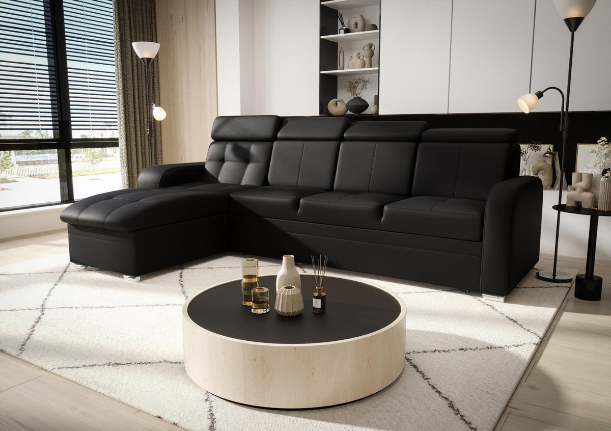 ECKSOFA KONGO RBN10, Eckcouch in L-Form mit Schlaffunktion, Farbe: Schwarz, Kunstleder, Ottomane Links - Schwarz, Textil (315/169cm) - O-Sofa