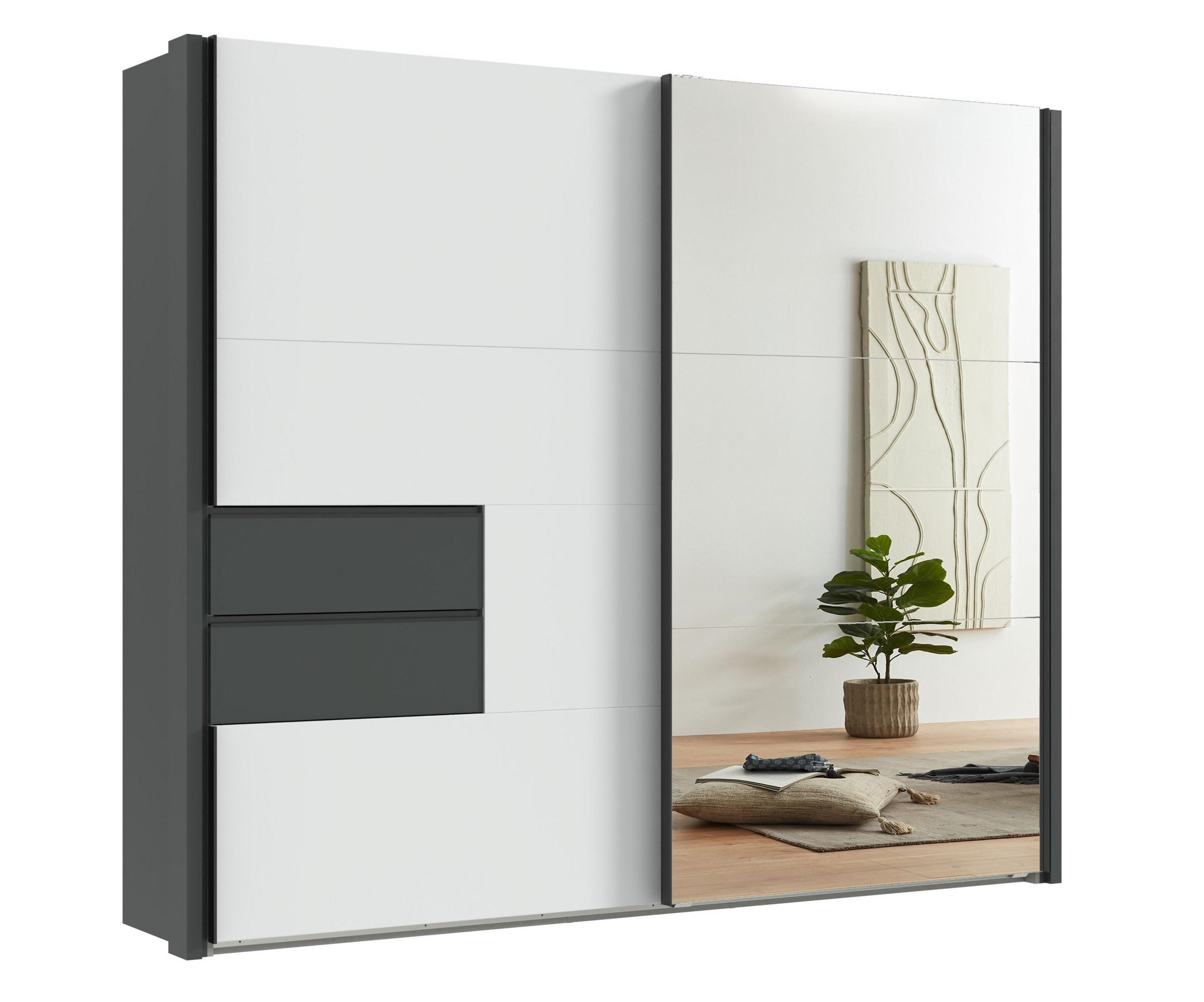 SCHWEBETÜRENSCHRANK B262/H216/T65 cm, Korpus+Passepartout+Schubladen Grafit, Türen Weiß / Spiegel, inkl. Vollausstattung / 22059 - Schwarz/Graphitfarben, Holzwerkstoff/Metall (262/216/65cm) - luma-home