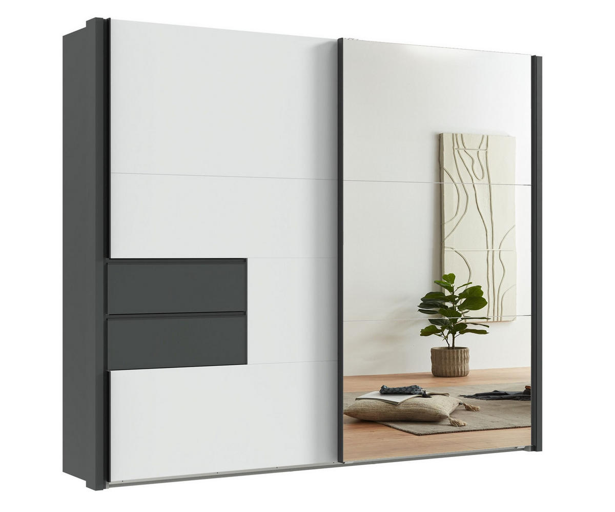 SCHWEBETÜRENSCHRANK B262/H216/T65 cm, Korpus+Passepartout+Schubladen Grafit, Türen Weiß / Spiegel, inkl. Vollausstattung / 22059 - Schwarz/Graphitfarben, Holzwerkstoff/Metall (262/216/65cm) - luma-home