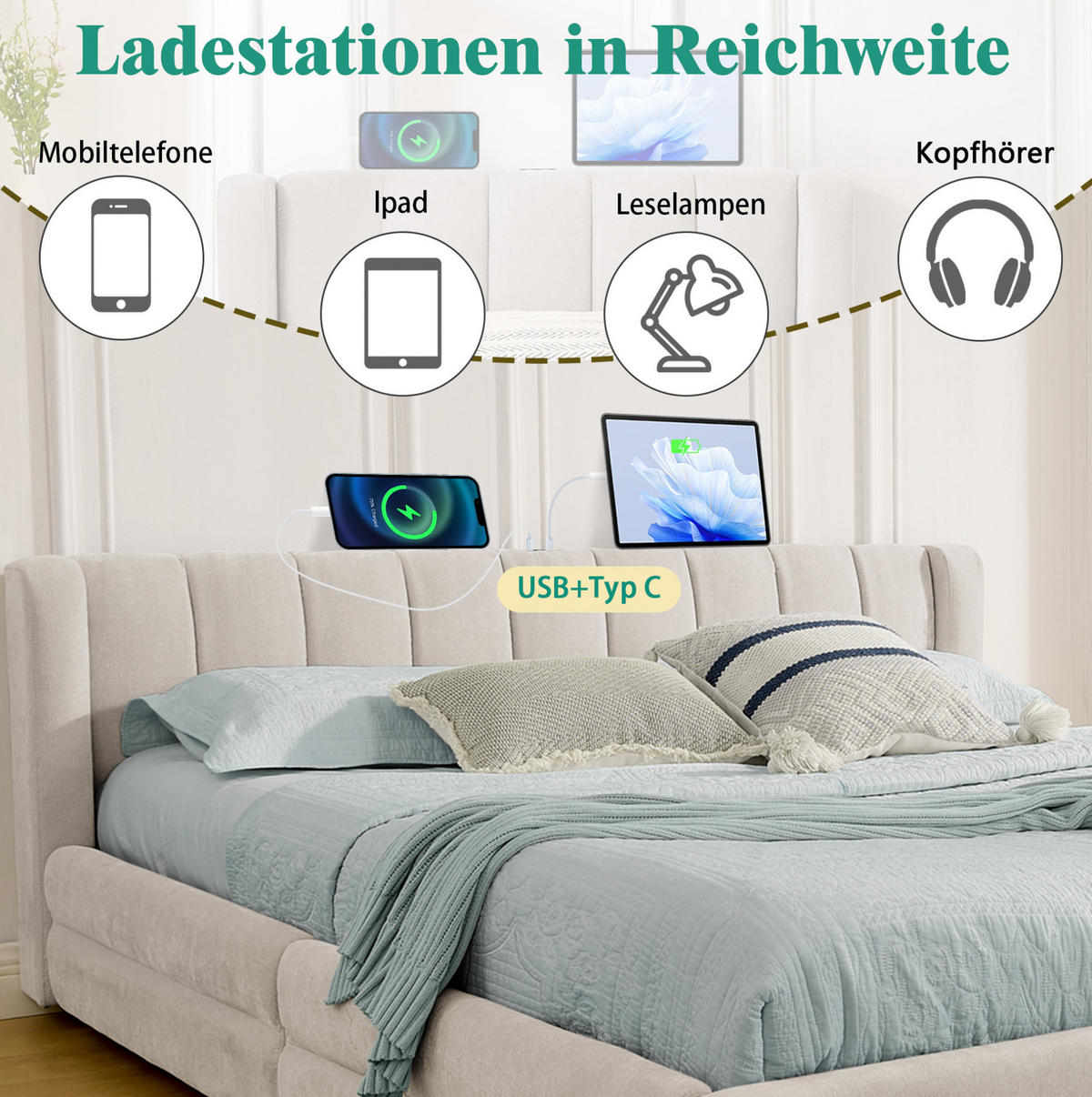 BETT mit 4 Schubladen und USB 140x200 cm Chenille Beige - Beige, Holz (140/200cm) - Meubliv