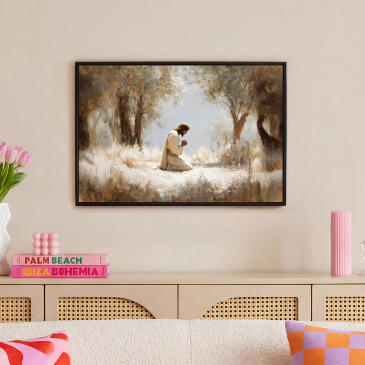 LEINWAND Bilder mit Rahmen - Jesus - Kniend - Waldlandschaft - Betend - 60x40 - Beige, Textil (60/40cm) - MuchoWow