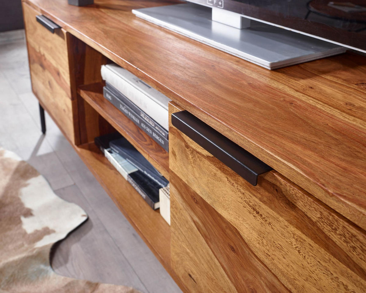 LOWBOARD Massivholz Landhausstil für 60-Zoll Fernseher mit offenen Fächern - Schwarz/Braun, Holz/Metall (147/51/38cm) - KADIMA DESIGN