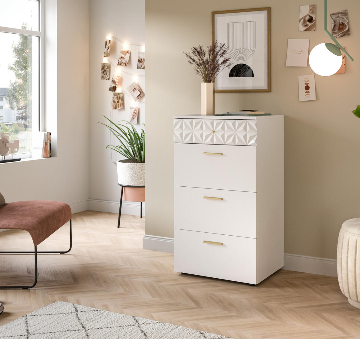 KOMMODE weiß Hochglanz 53 cm, Schubladenkommode mit 3D-Struktur - Weiß Hochglanz/Goldfarben, Holzwerkstoff/Kunststoff (53/92/40cm) - Inn.Furn