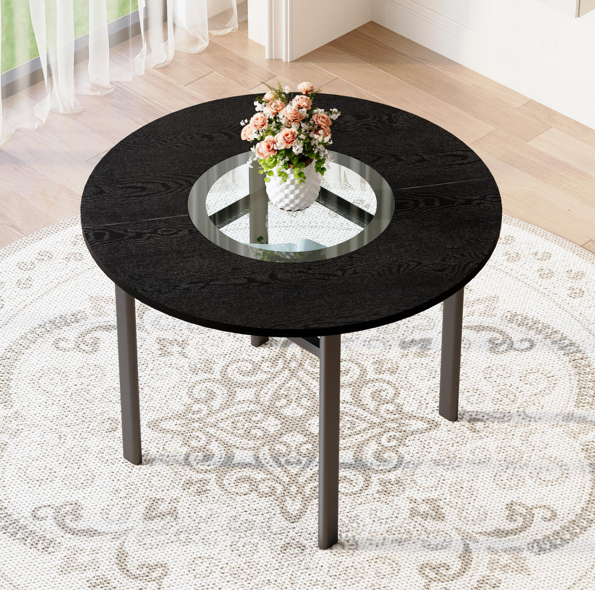 JÍDELNÍ stůl 100 cm černý z MDF a kovu se skleněnou vložkou a policí - černá, kompozitní dřevo (100/100/76cm) - OKWISH