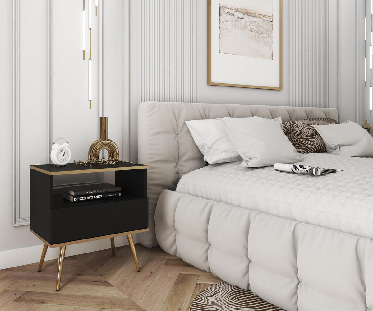 NACHTTISCH Schwarz - S-54, Hochglanz, Schubladen Push-to-Open 54x39x59 cm Schwarz/Gold - Goldfarben/Schwarz, Holzwerkstoff/Kunststoff (54/59/39cm) - DomoHome