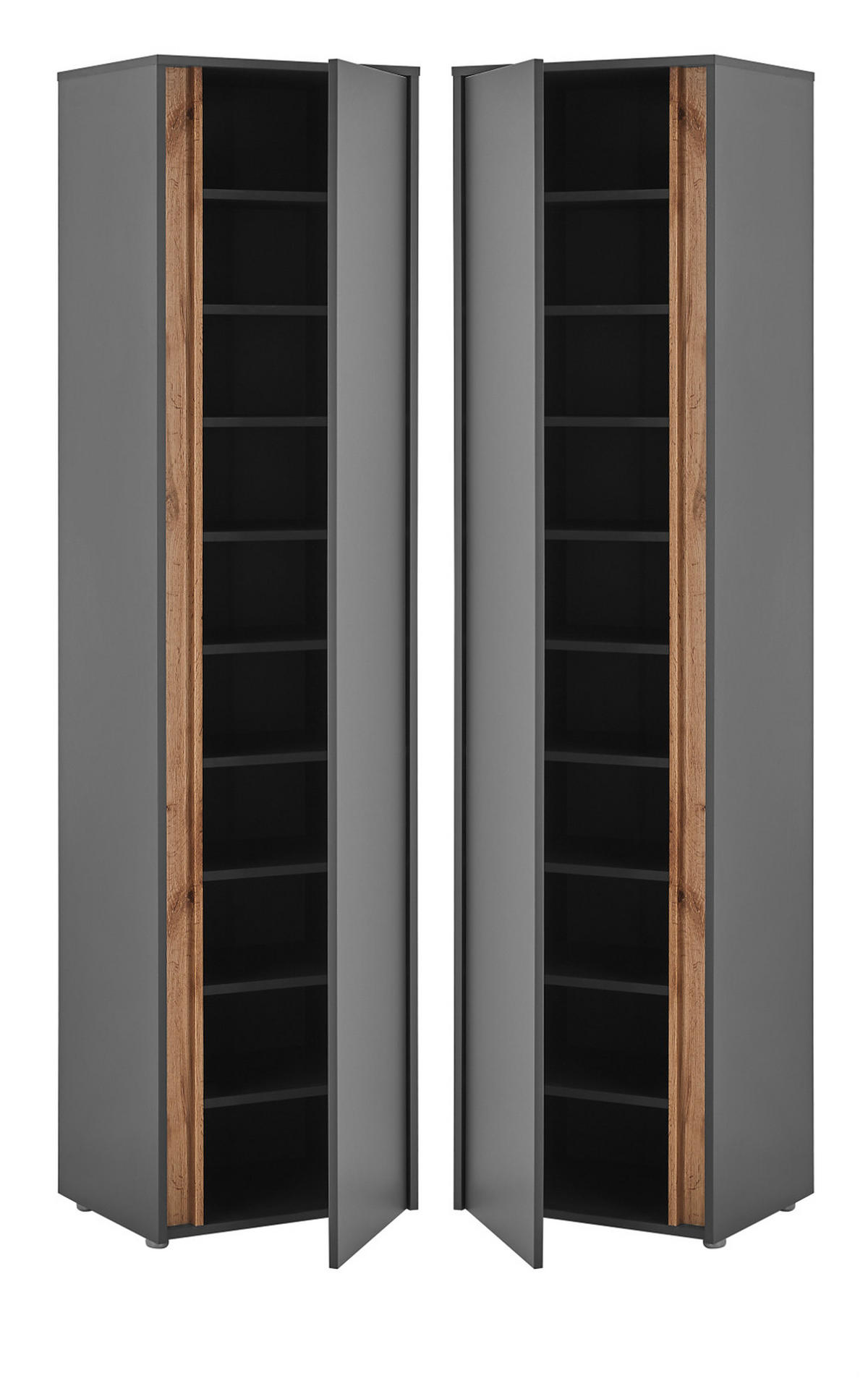 SCHUHSCHRANK grau matt, Eiche Wotan 50x200 cm, Graderobenschrank 10 Fächer - Eiche Wotan/Schwarz, Holzwerkstoff/Kunststoff (50/200/40cm) - Furn.Design
