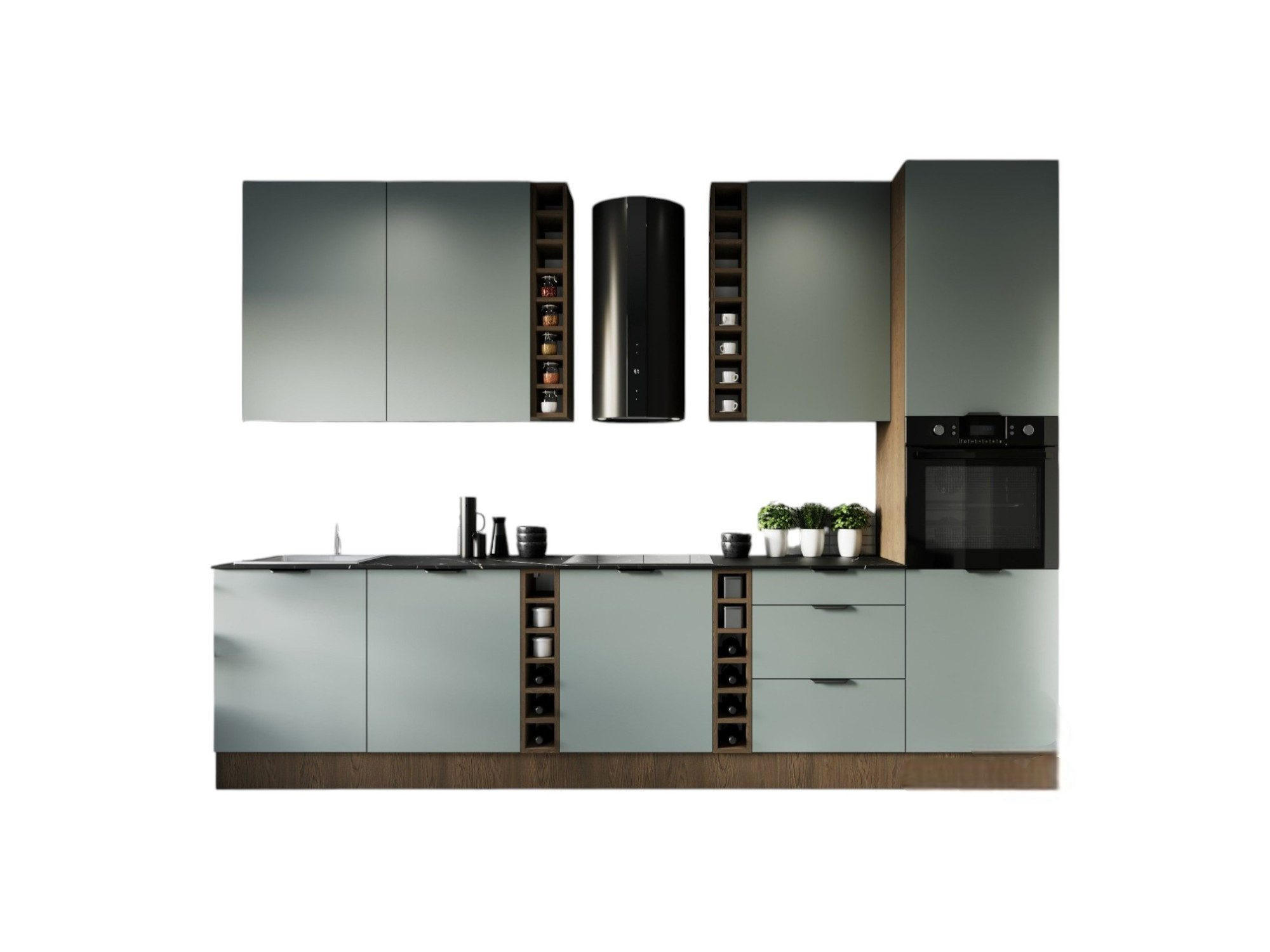 KÜCHENZEILE 330 cm – Sorento K43-G330 – in Grün / Matt - Dunkelbraun/Schwarz, Holz/Metall (330/247/58cm) - ROYAL24_MARKT