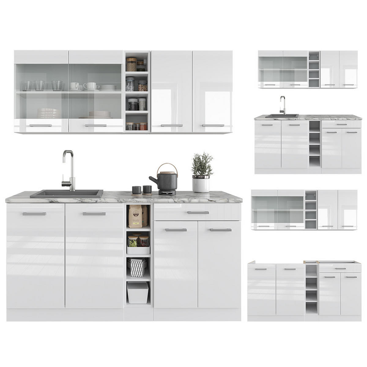 SINGLEKÜCHE R-Line Weiß Hochglanz/Weiß 160 cm, AP Marmor - Weiß Hochglanz/Weiß, Holzwerkstoff (160/81.6/60cm) - Vicco