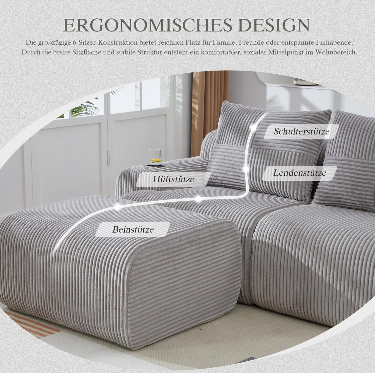 3-SITZER Wohnlandschaft Cord mit 2 Hockern und Getränkehalter 268/174/80 cm Hellgrau - Hellgrau, Textil (174/80/268cm) - Redom