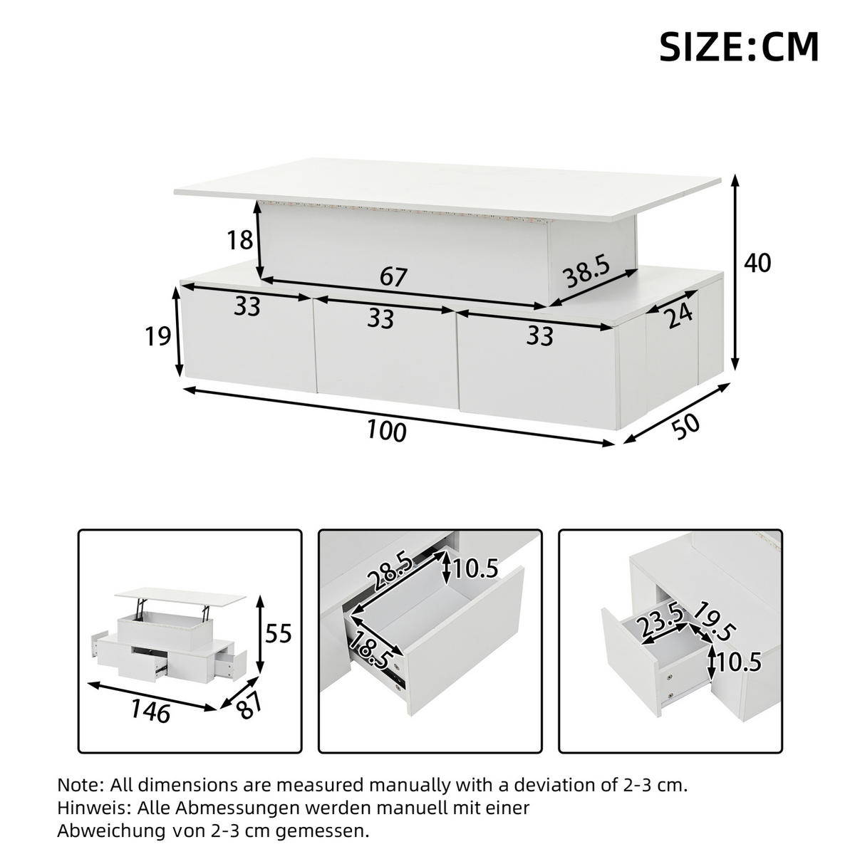 KONFERENČNÍ stolek z MDF, 100/50/40-55 cm bílý, výškově nastavitelný s LED a 4 zásuvkami - bílá, kompozitní dřevo (100/50/40cm) - BEAOK