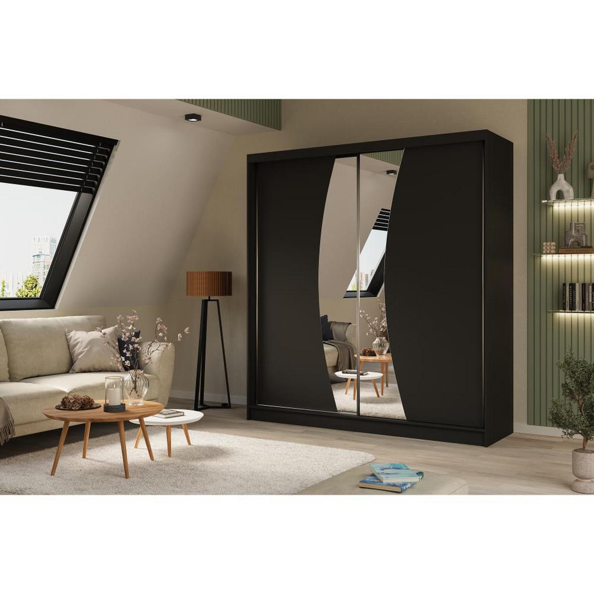 SCHWEBETÜRENSCHRANK Vox 200/216/61 schwarz mit Spiegel und Schubladen - Schwarz, Holzwerkstoff (200/216/61cm) - Beautysofa