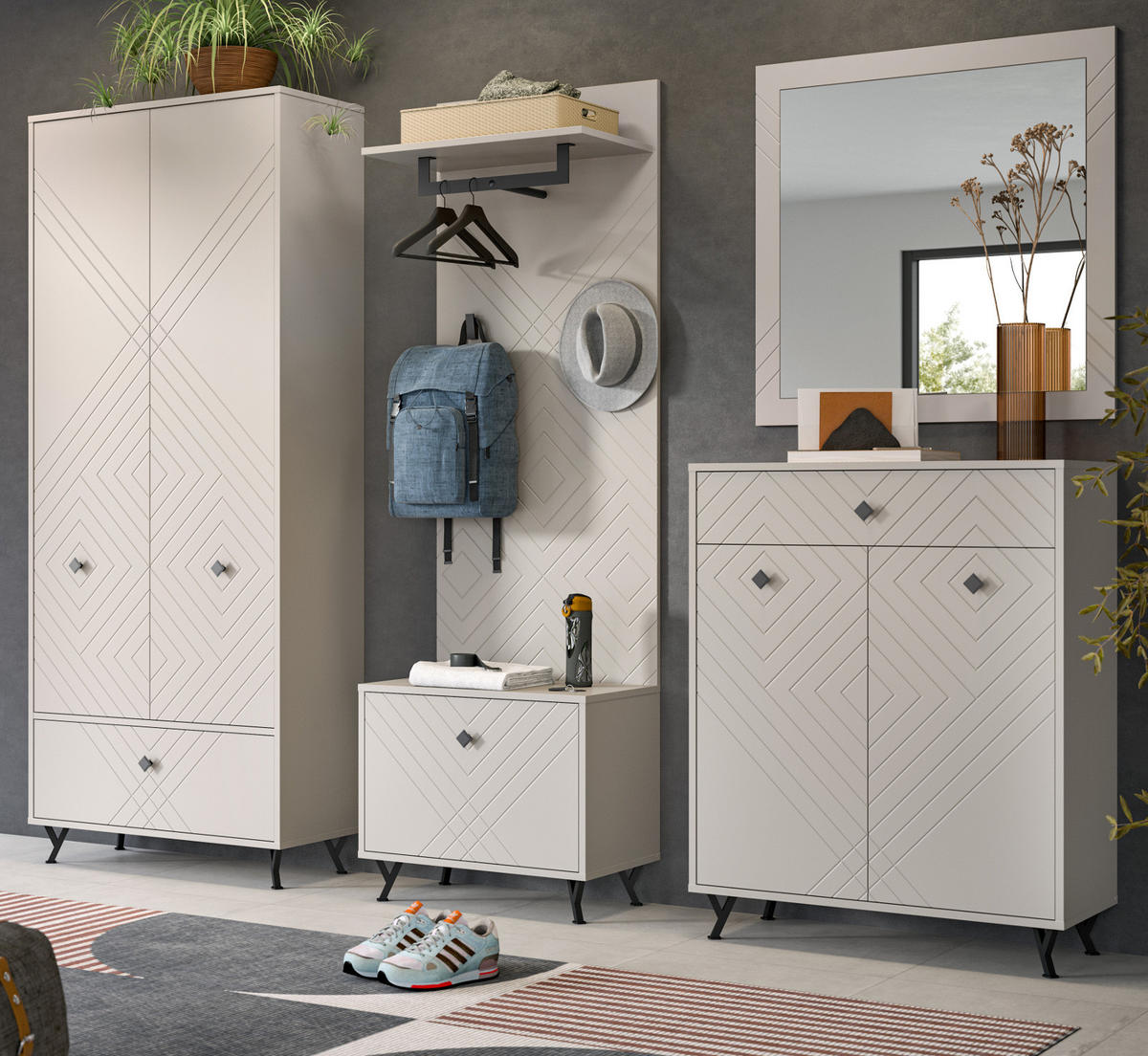 GARDEROBE Set 5-teilig Sand matt 250 cm, Garderobenkombination mit Fräsungen - Sandfarben/Beige, Glas/Holzwerkstoff (250/190/35cm) - Inn.Furn