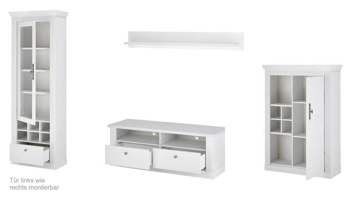 WOHNWAND weiß Pinie Landhaus, Set 4-teilig mit Soft-Close und Beleuchtung - Weiß, Holzwerkstoff/Kunststoff (334/201/45cm) - Furn.Design