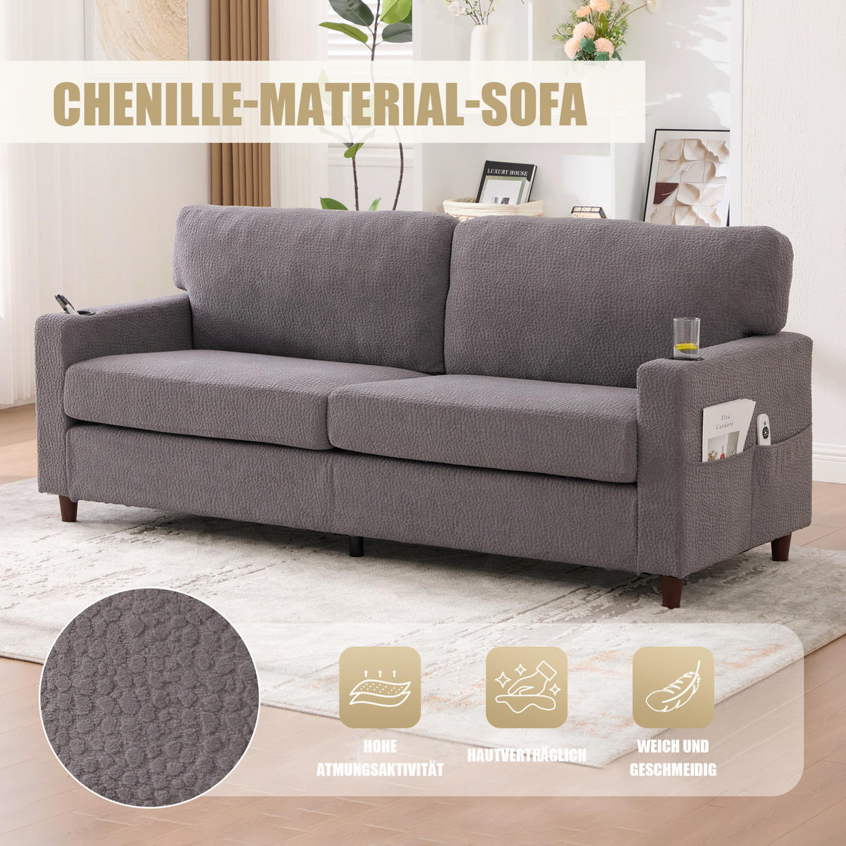 ZWEISITZER Sofa Chenille mit USB-Anschluss LED-Licht und Getränkehaltern 203/77,5/86 cm Hellgrau - Hellgrau, Textil (77.5/86/203cm) - Redom