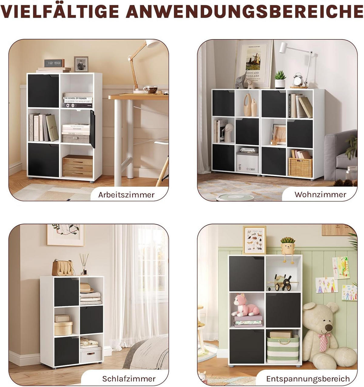 REGALE Bücherregal mit 3 Türen, 6 Fächer, Weiß+Schwarz - Schwarz/Weiß, Holzwerkstoff/Kunststoff (59.6/91/29cm) - Woltu