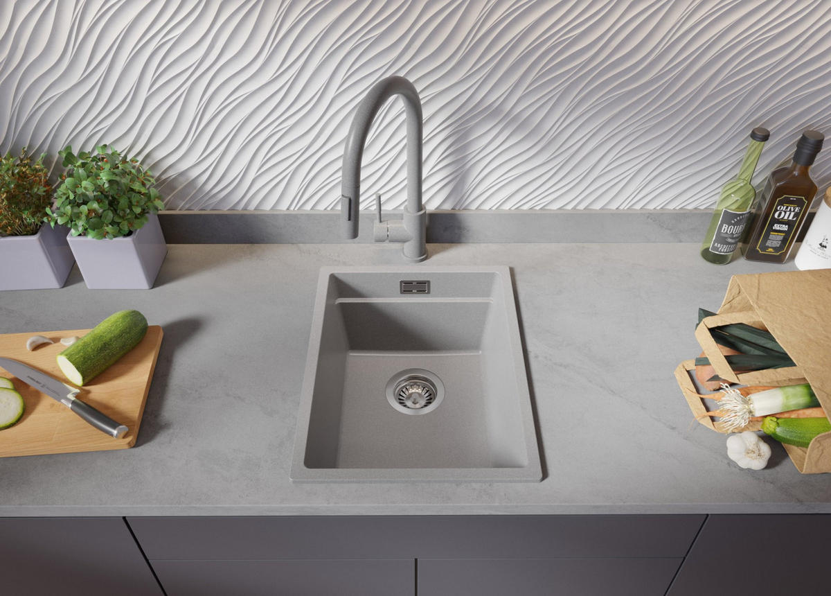 GRANITSPÜLE Praga Slim, 2-er set Grau 36/47 cm 1 Becken + Küchenarmatur 40/20 cm + Ablauf-Set + Aufrollbare Abtropffläche ab 40er Unterschrank - Chromfarben/Grau, Kunststoff (36/20/47cm) - Primagran