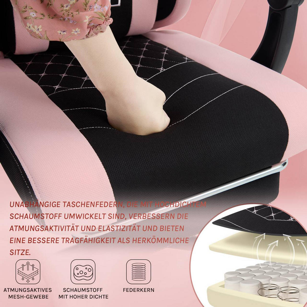 GAMINGSTUHL mit Massagefunktion, Netzstoff, Schwarz+Rosa - Schwarz/Rosa, Textil/Metall (70/127/70cm) - Woltu