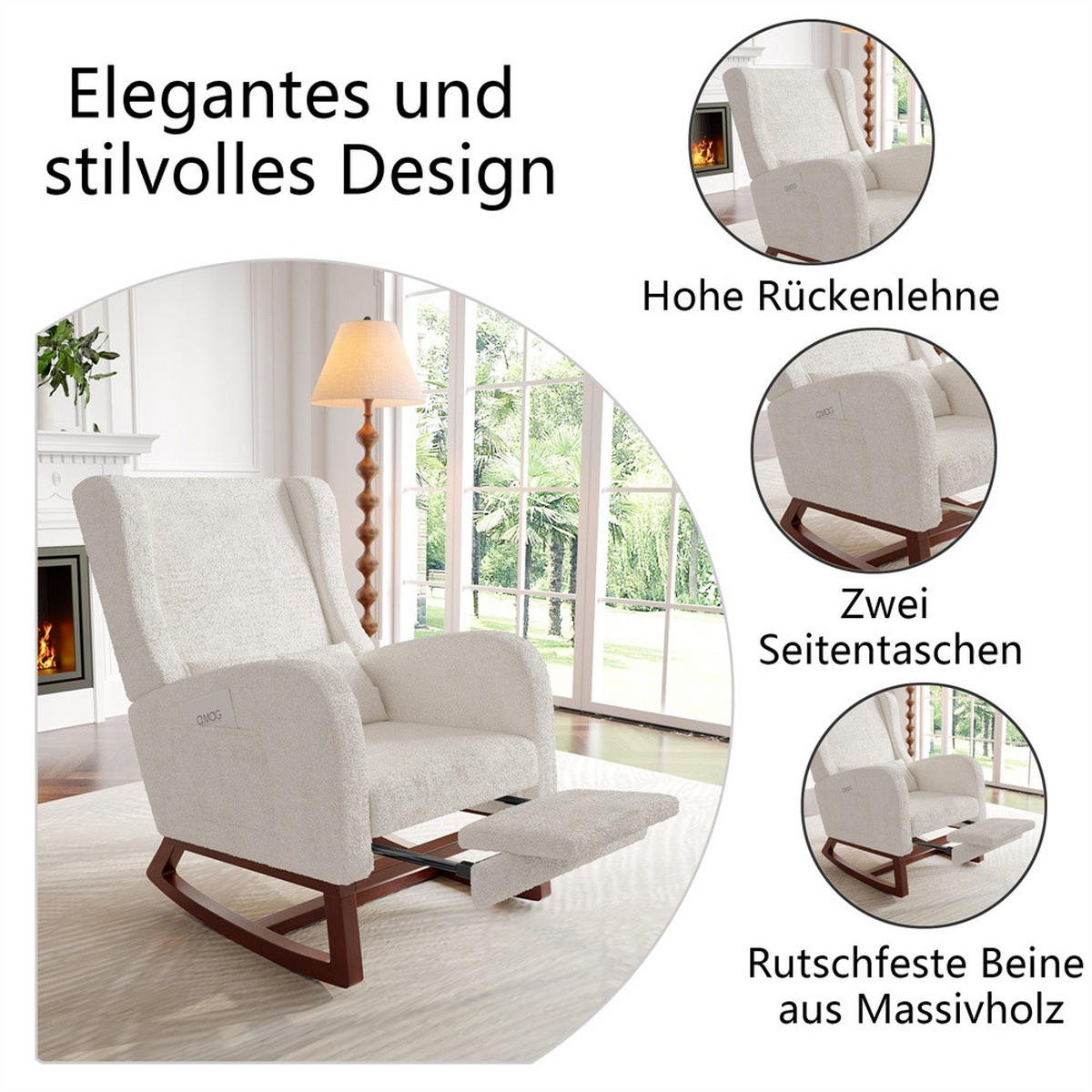 SCHAUKELSTUHL mit integrierter Fußauflage - Relaxsessel mit praktischer Seitentasche - Weiß - Weiß, Textil (64/99/67cm) - DELFA