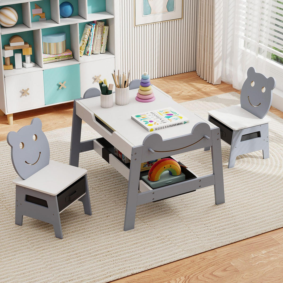 KINDERTISCH mit stuhl grau(3-tlg) - Grau, Holzwerkstoff (70/50/60.5cm) - COSTWAY