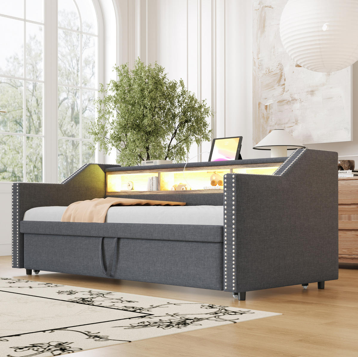 BETT aus Leinen 90/180x190 cm Dunkelgrau mit Ausziehbett, LED, USB und 3 Ablagefächern - Dunkelgrau, Textil (90/190cm) - Modfu