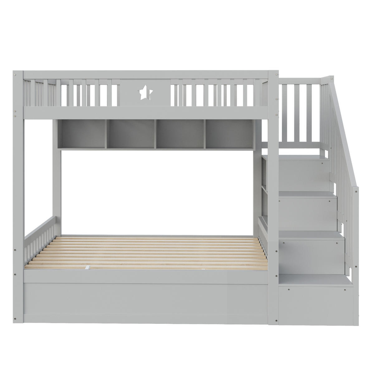 HOCHBETT aus Holz 140x200 cm Grau mit hydraulischem Stauraum, Regalen, Treppenschubladen und Sicherheitsgeländer - Grau, Holzwerkstoff (140/200cm) - Modfu