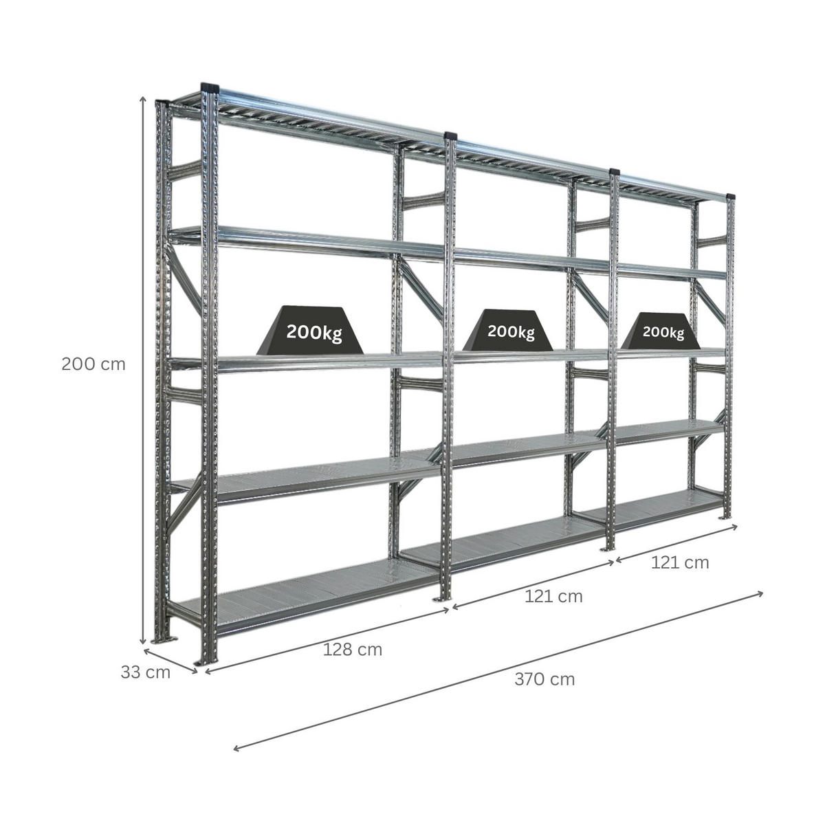FACHBODENREGAL Proximo Stecksystem 200x360x32cm 5 Ebenen Fachlast 200 kg Beidseitig nutzbar Verzinkt - Silberfarben, Metall (360/200/32cm) - PROREGAL