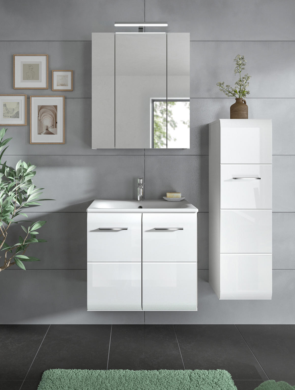 BADOMMODE weiß Hochglanz 30 x 106 cm, Badezimmer Schrank hängend oder stehend - Weiß Hochglanz/Silberfarben, Holzwerkstoff/Kunststoff (30/106/30cm) - Inn.Furn