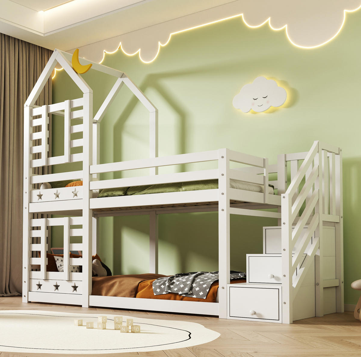 ETAGENBETT 90/200 cm mit Treppe, Schubladen, Rausfallschutz und Stauraum aus Holz, Weiß - Weiß, Holzwerkstoff - Redom