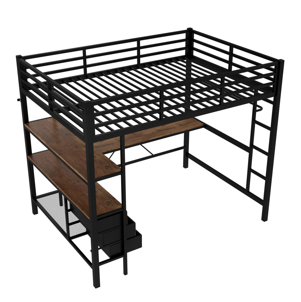 HOCHBETT 140/200 cm aus Metall mit LED-Beleuchtung, Schreibtisch und Stauraum - Schwarz, Metall (140/200cm) - Flora Grace